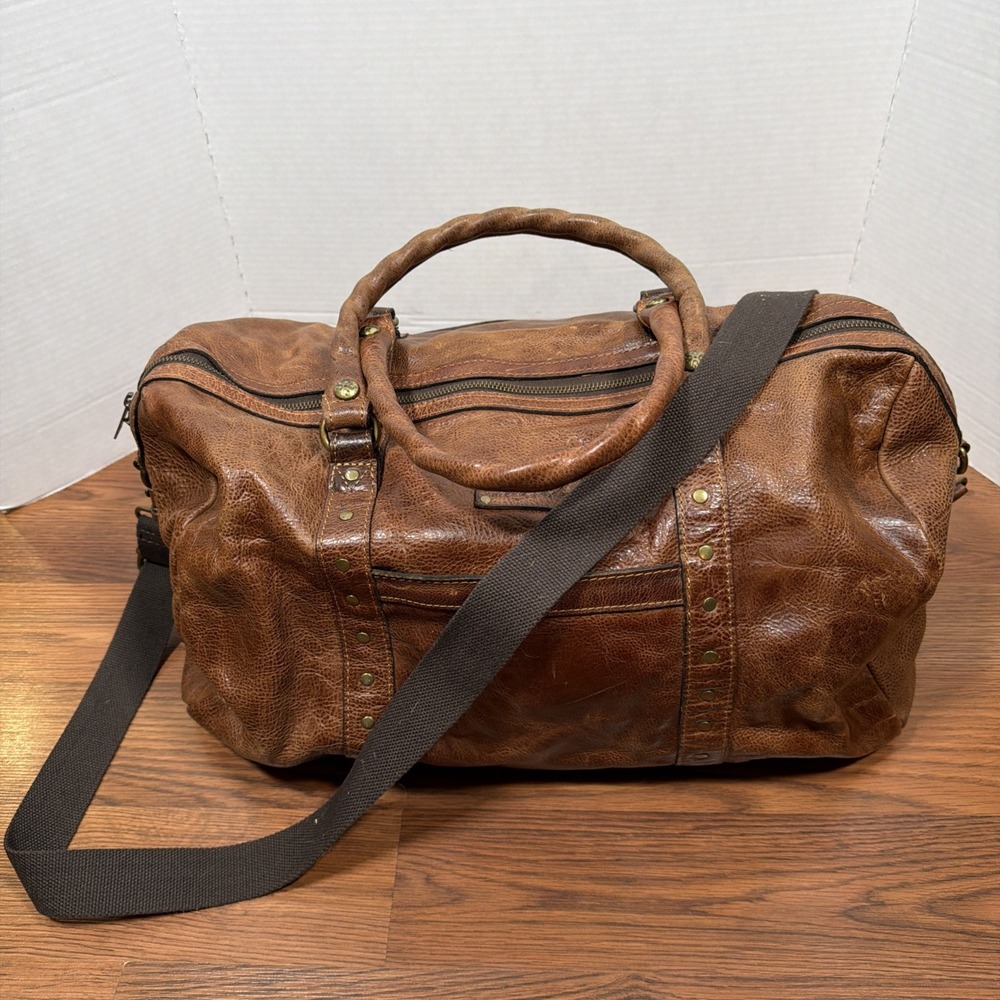 Patricia Nash Milano Cognac Brown Leather Large Duffle Weekender Bag Distressed